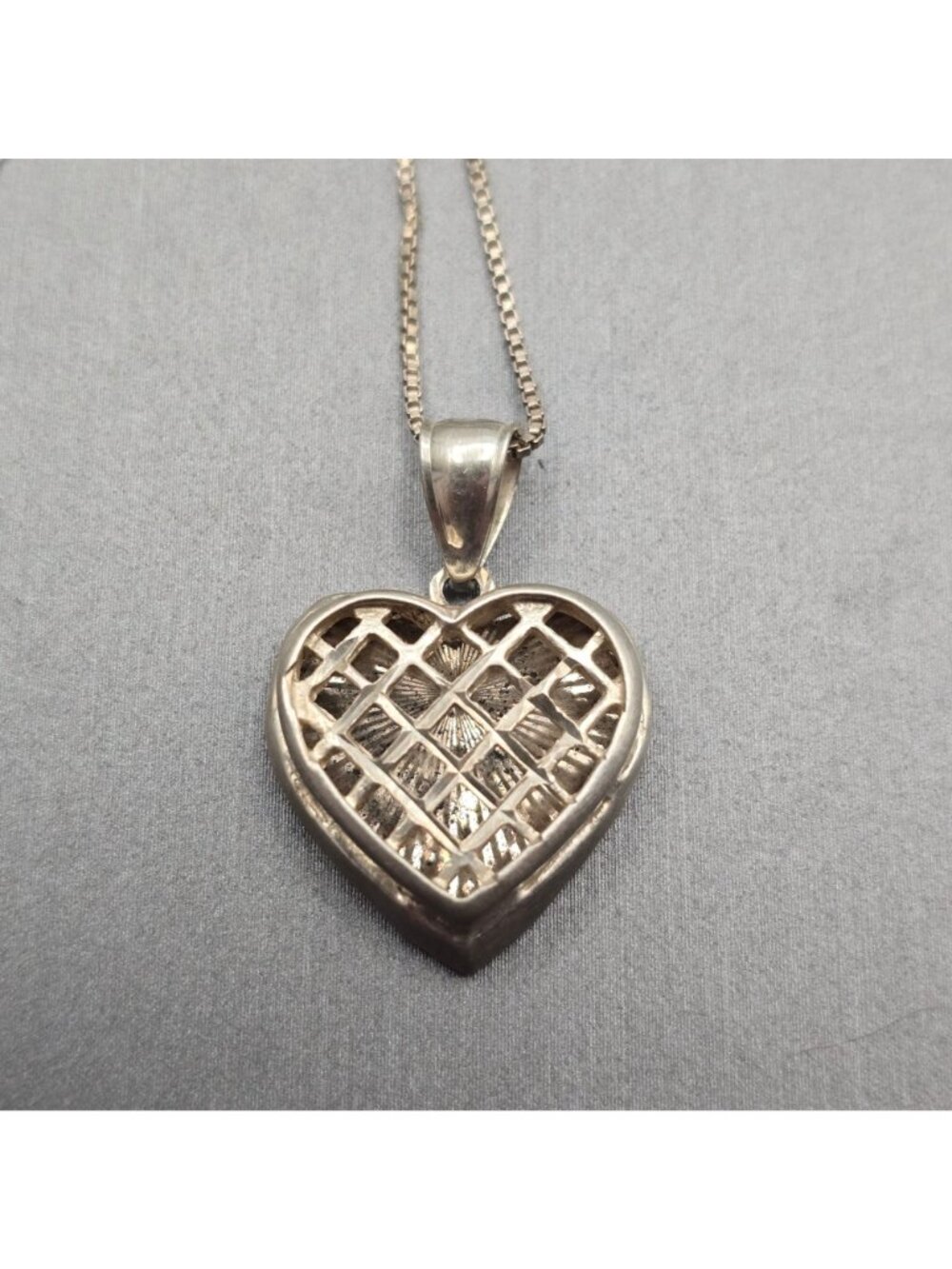 Vintage Sterling Silver Heart Necklace 18" Lattice Mesh Signed SA 925 Box Chain - Picture 10 of 15